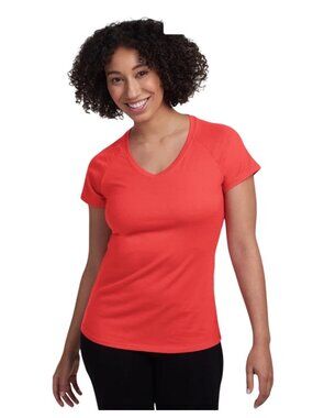 Woolx Mia Merino Wool Red V-Neck Short Sleeve Tee M in Hibiscus Lightweight